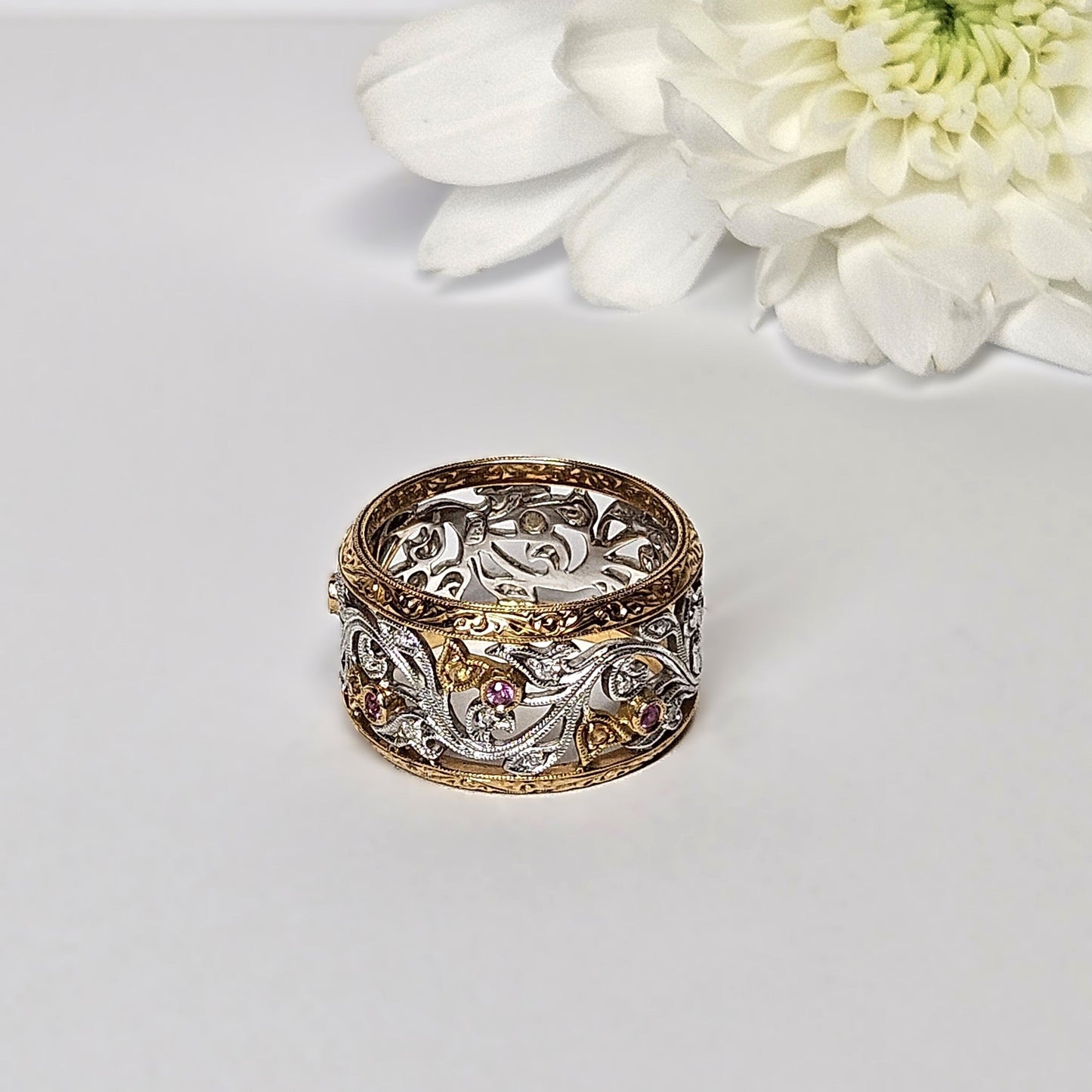 Two tone wide filigree engraved ring
