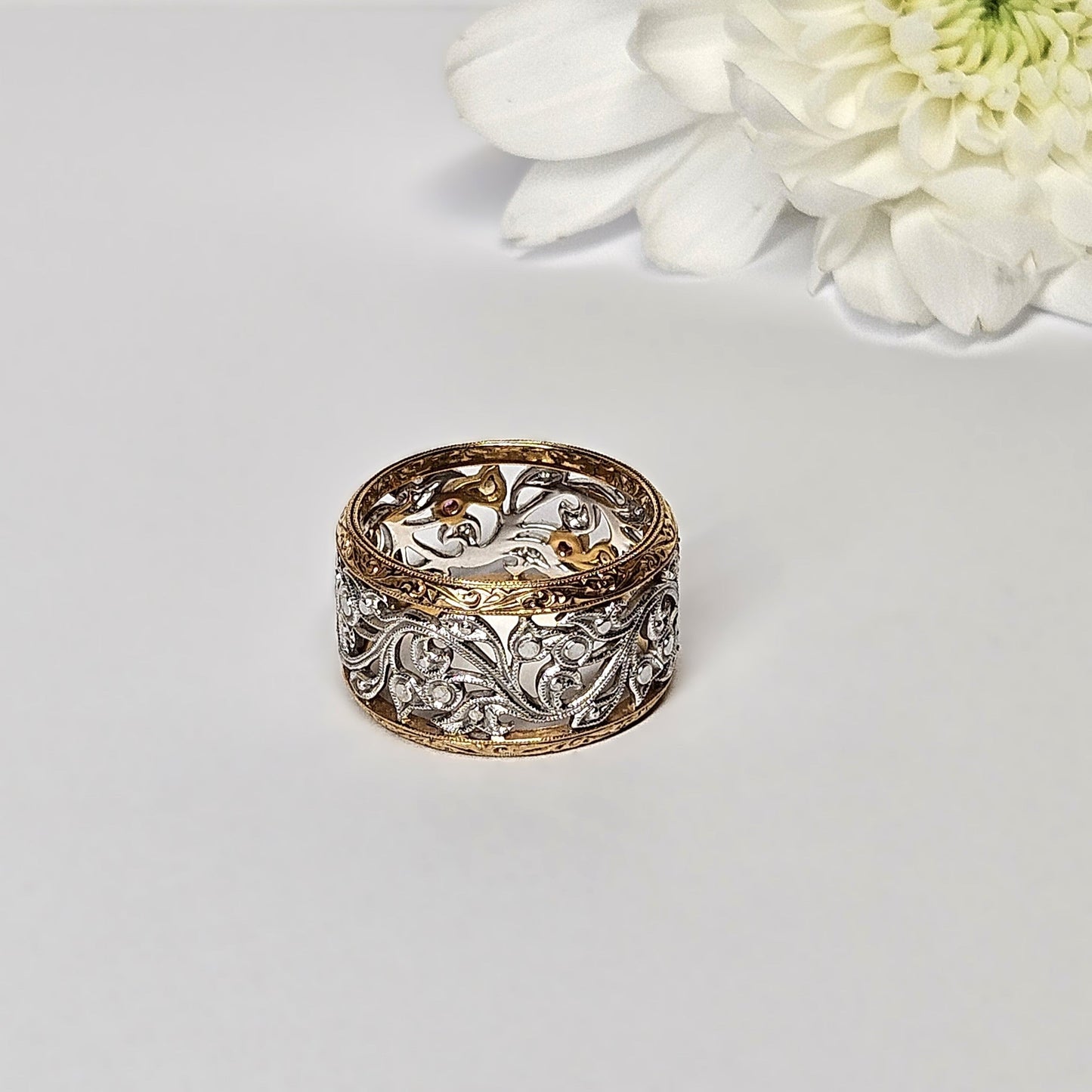 Two tone wide filigree engraved ring